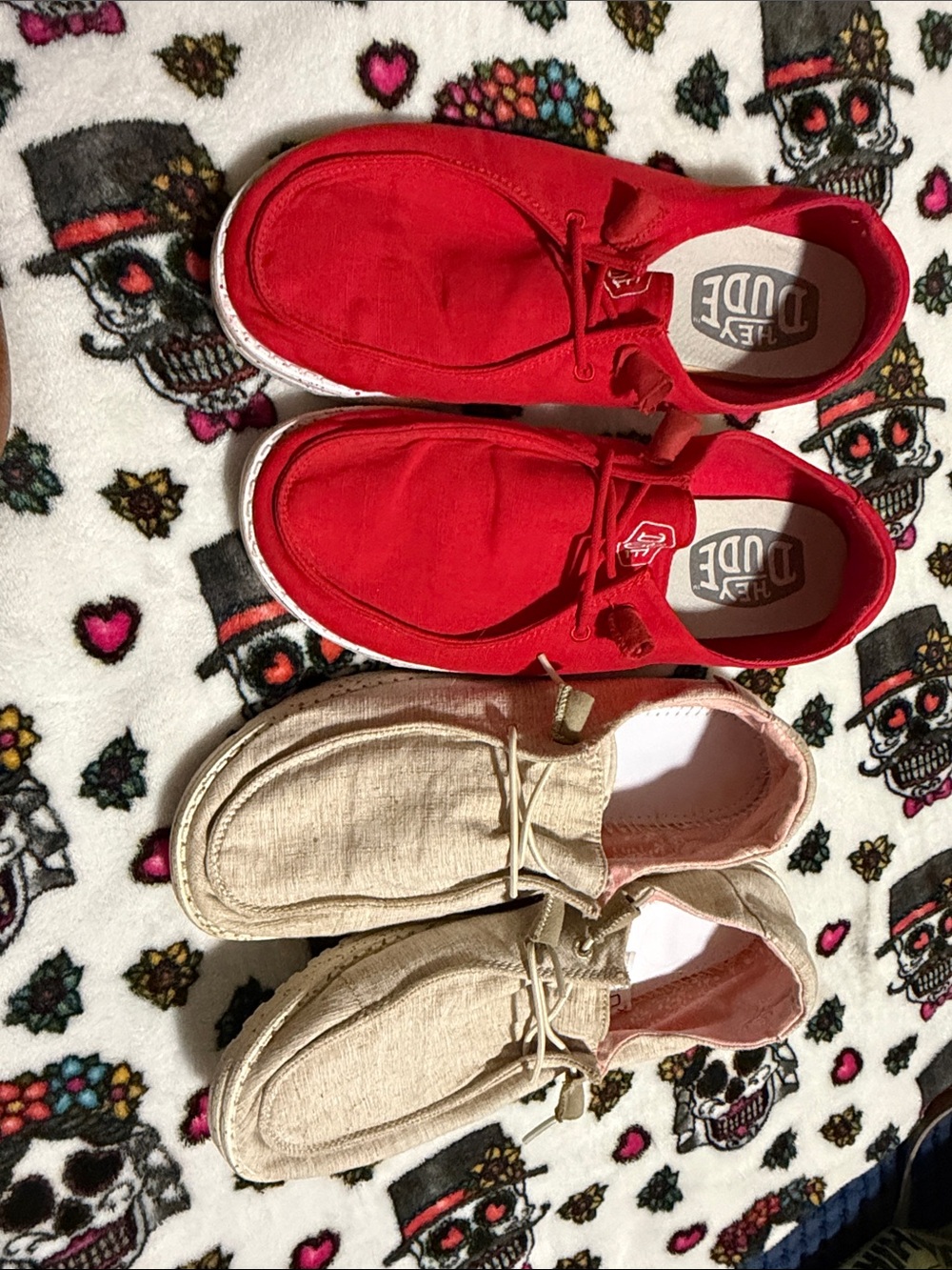 Hey Dude Red Canvas and Khaki slip on sneakers